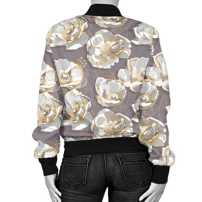 Elegant Grey Flower Print Women Casual Bomber Jacket