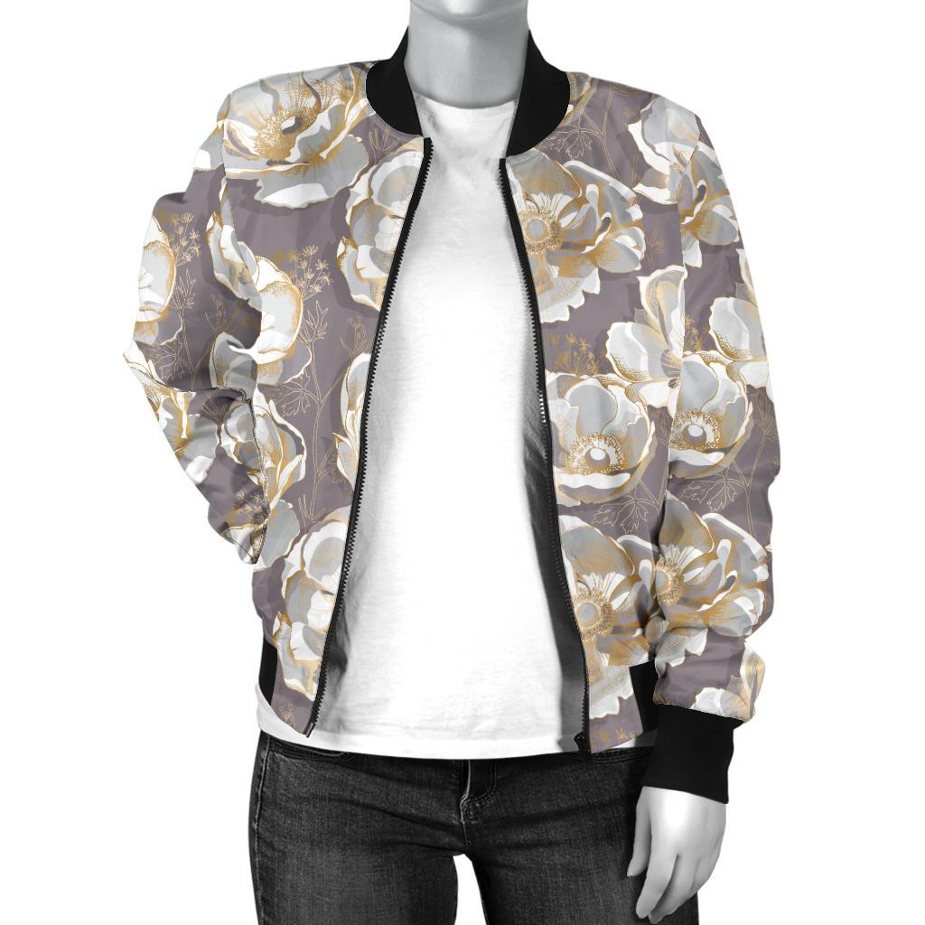 Elegant Grey Flower Print Women Casual Bomber Jacket