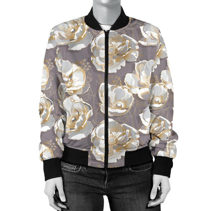 Elegant Grey Flower Print Women Casual Bomber Jacket