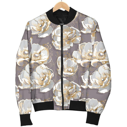 Elegant Grey Flower Print Women Casual Bomber Jacket