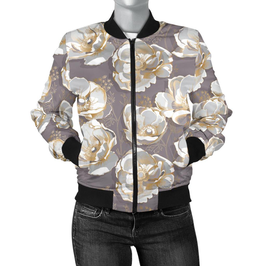 Elegant Grey Flower Print Women Casual Bomber Jacket