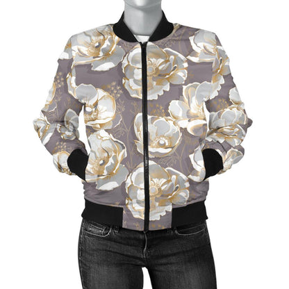 Elegant Grey Flower Print Women Casual Bomber Jacket