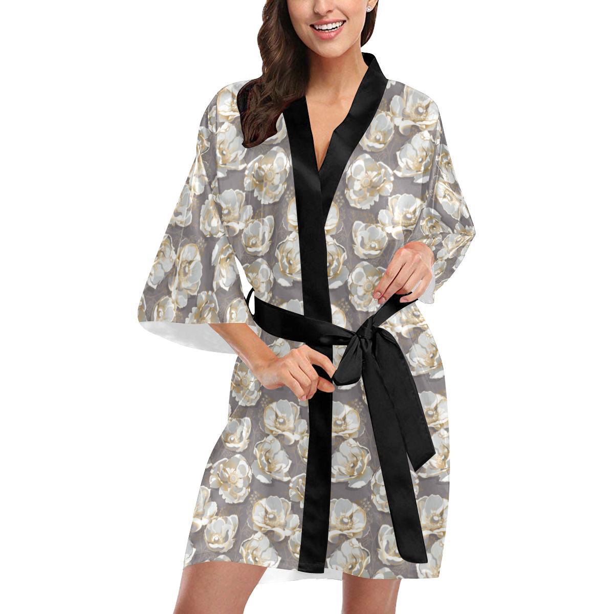 Elegant Grey Flower Print Women Short Kimono Robe