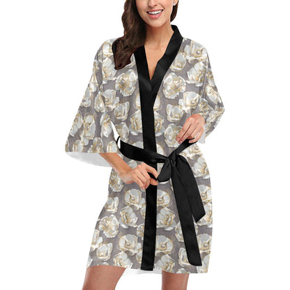 Elegant Grey Flower Print Women Short Kimono Robe