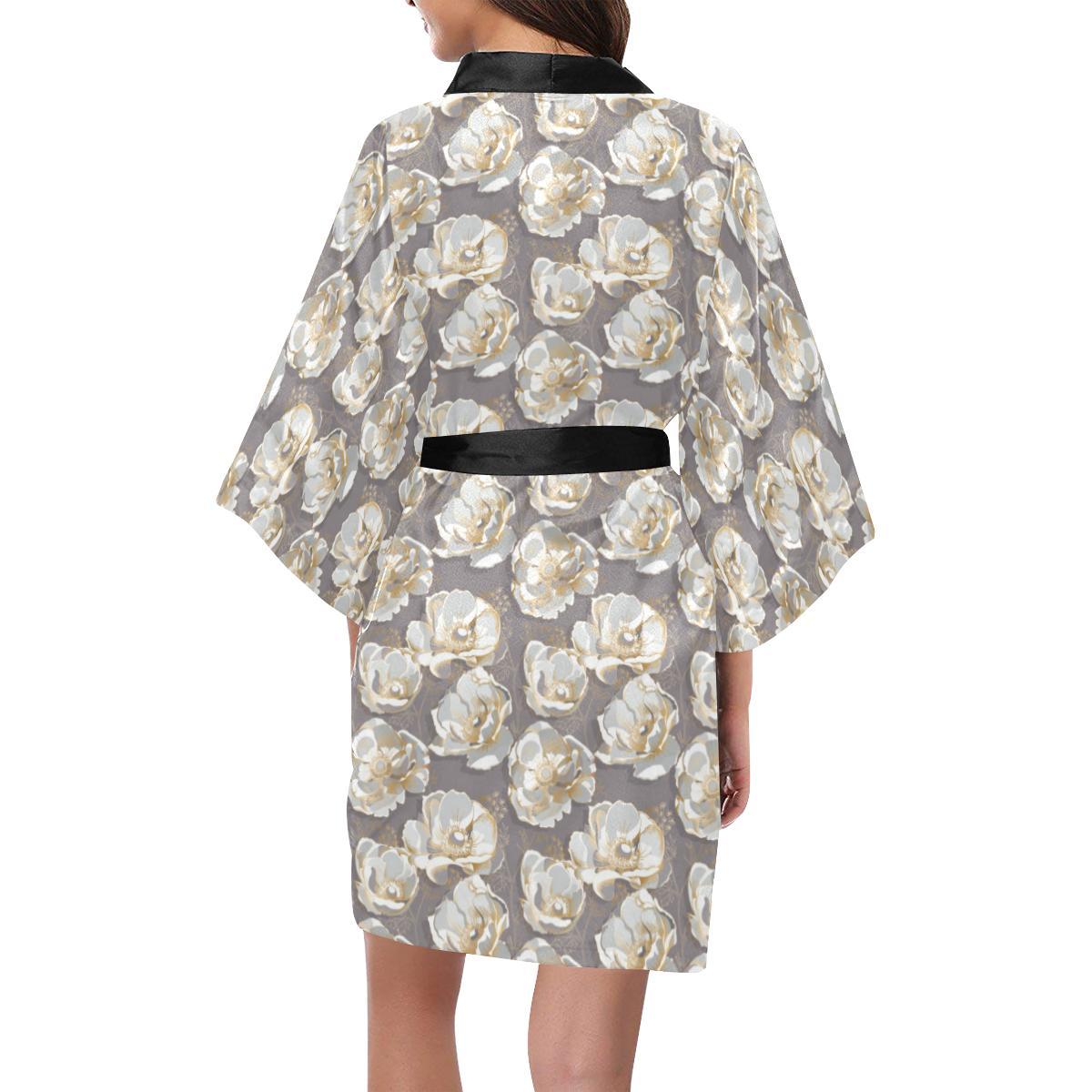 Elegant Grey Flower Print Women Short Kimono Robe