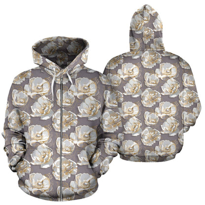 Elegant Grey Flower Print Zip Up Hoodie
