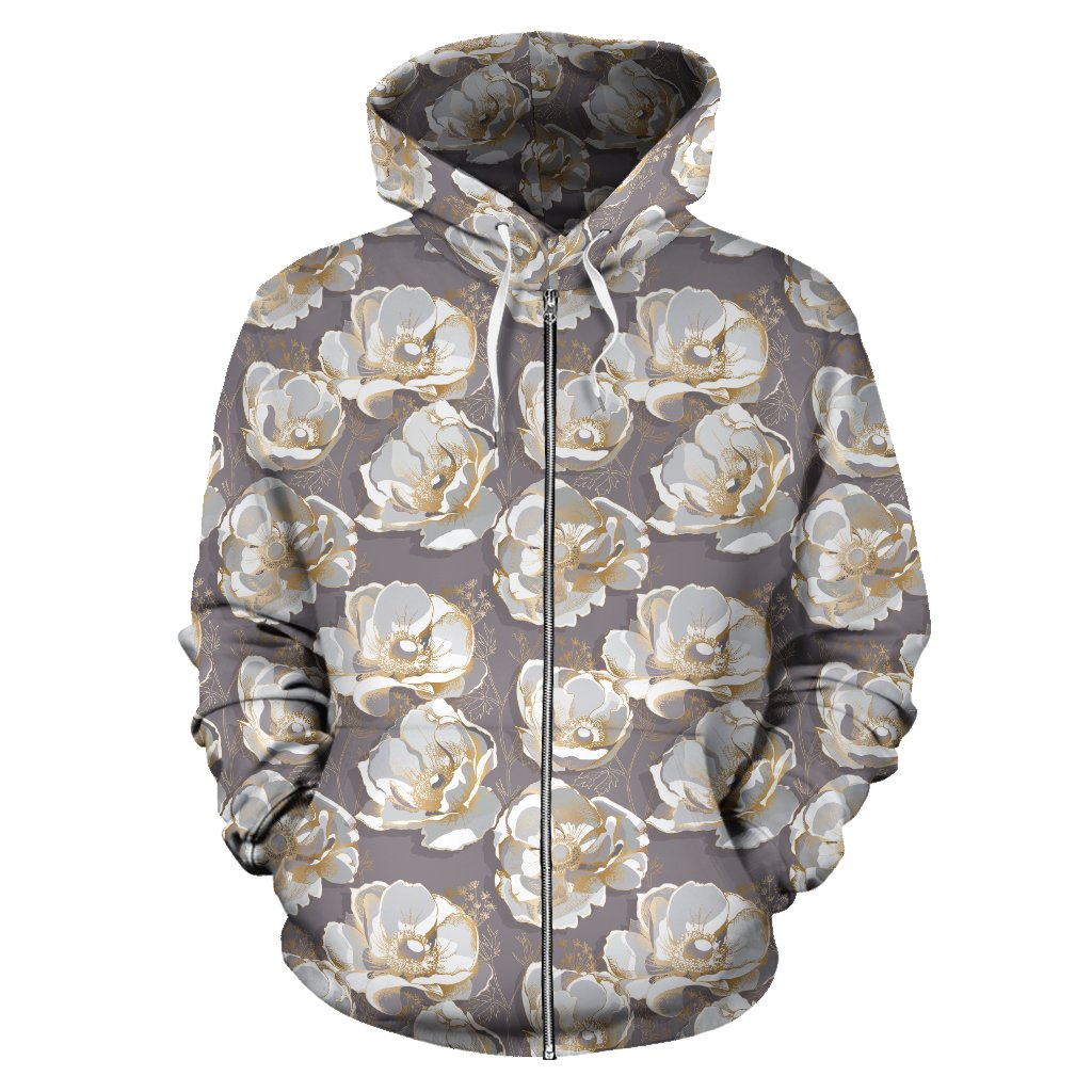 Elegant Grey Flower Print Zip Up Hoodie