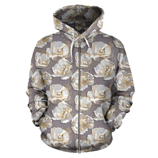 Elegant Grey Flower Print Zip Up Hoodie