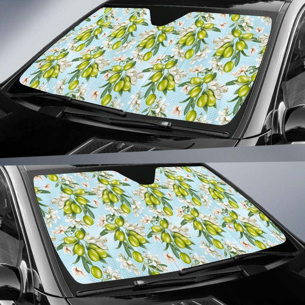 Elegant Olive Floral Print Car Sun Shade For Windshield