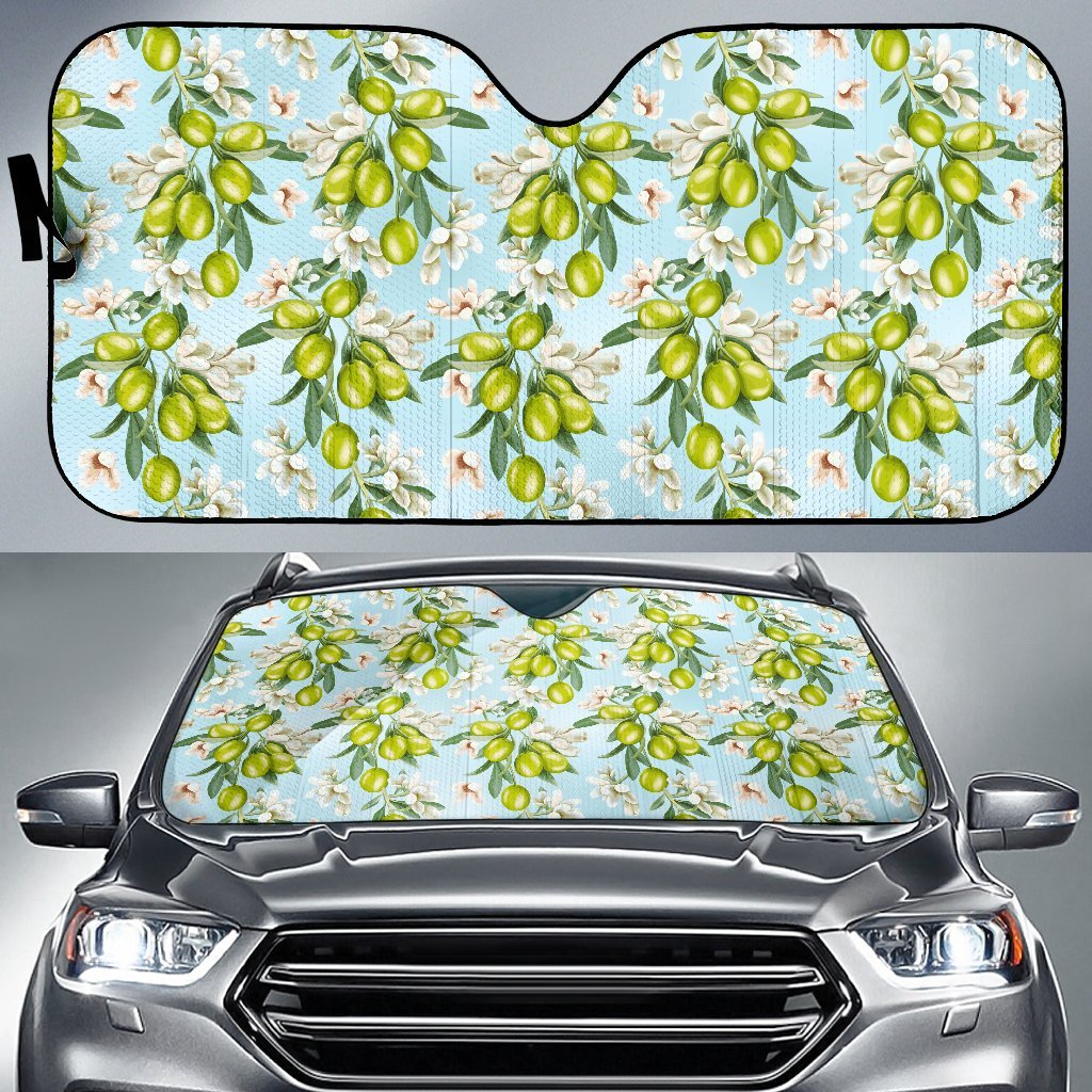 Elegant Olive Floral Print Car Sun Shade For Windshield
