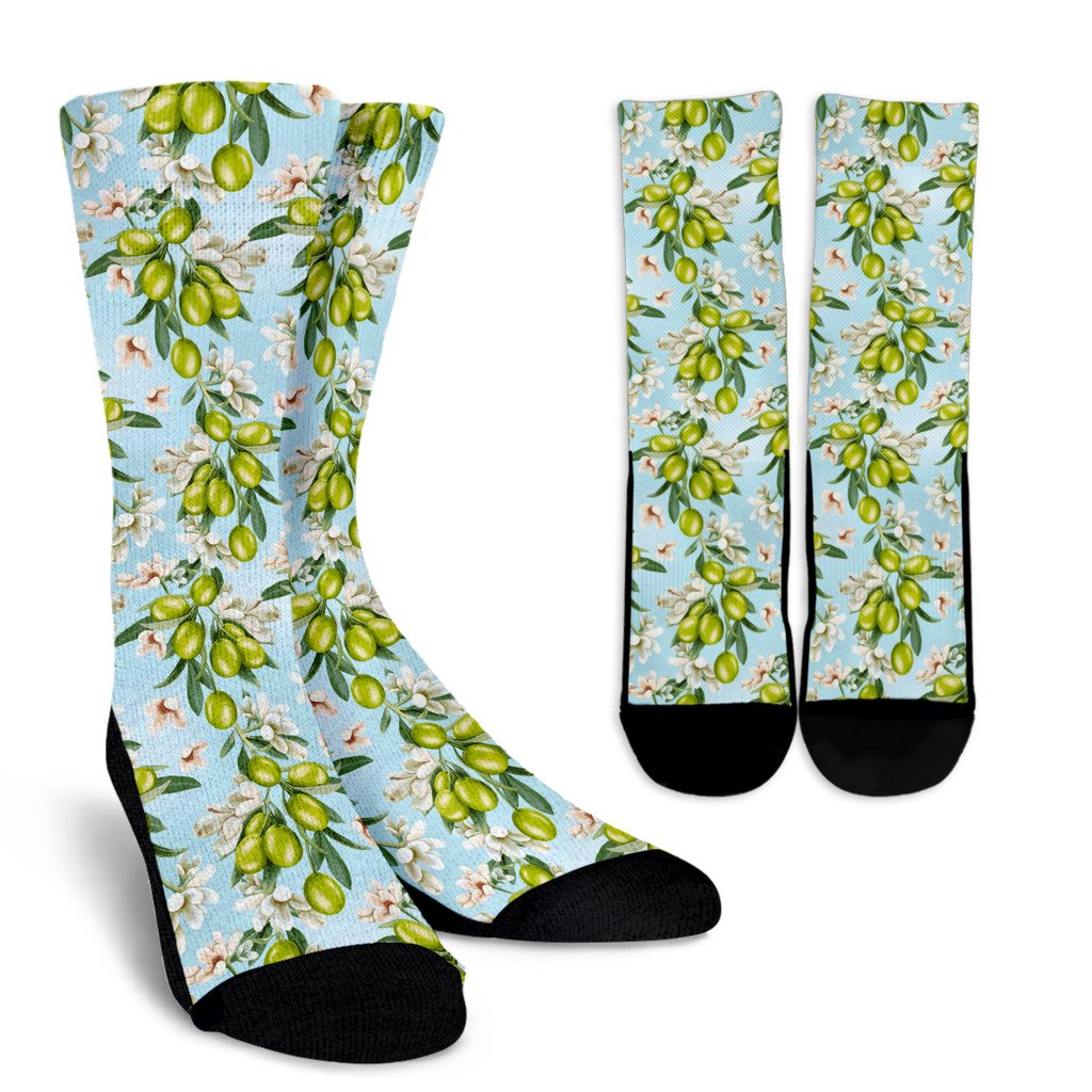 Elegant Olive Floral Print Crew Socks
