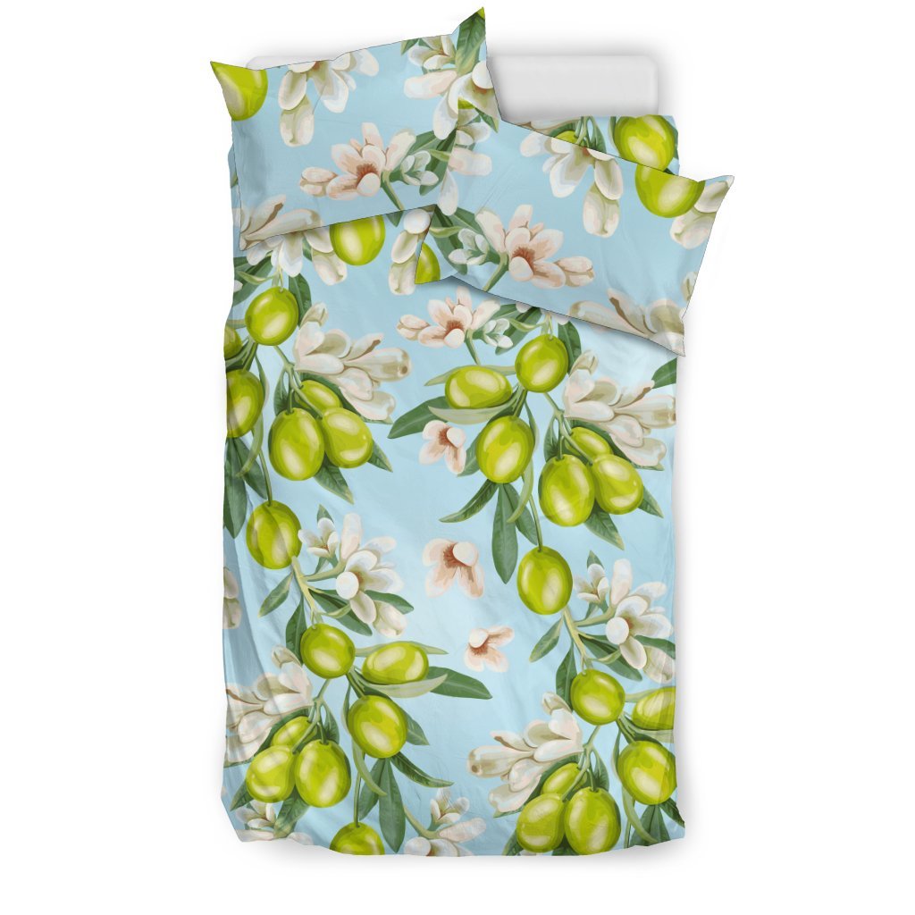 Elegant Olive Floral Print Duvet Cover Bedding Set