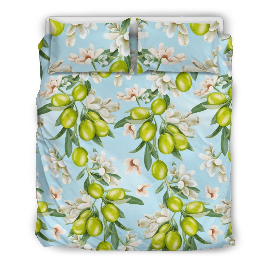 Elegant Olive Floral Print Duvet Cover Bedding Set
