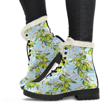 Elegant Olive Floral Print Faux Fur Leather Boots-JTAMIGO.COM