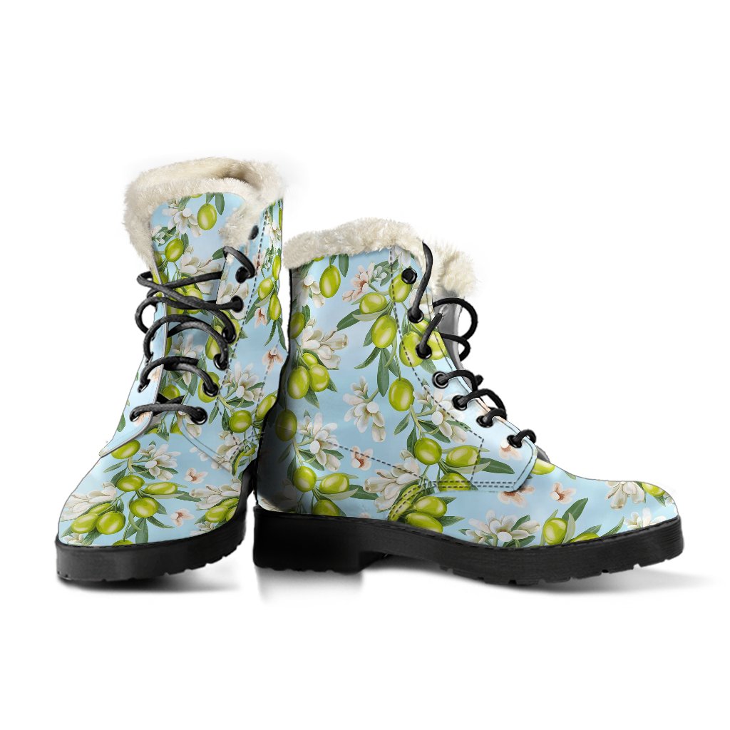 Elegant Olive Floral Print Faux Fur Leather Boots-JTAMIGO.COM