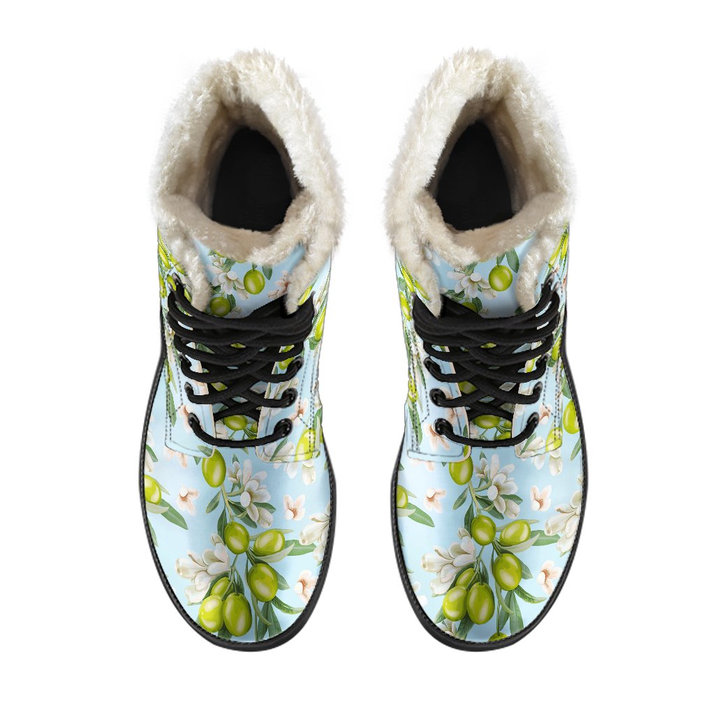 Elegant Olive Floral Print Faux Fur Leather Boots-JTAMIGO.COM