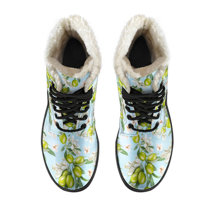 Elegant Olive Floral Print Faux Fur Leather Boots-JTAMIGO.COM