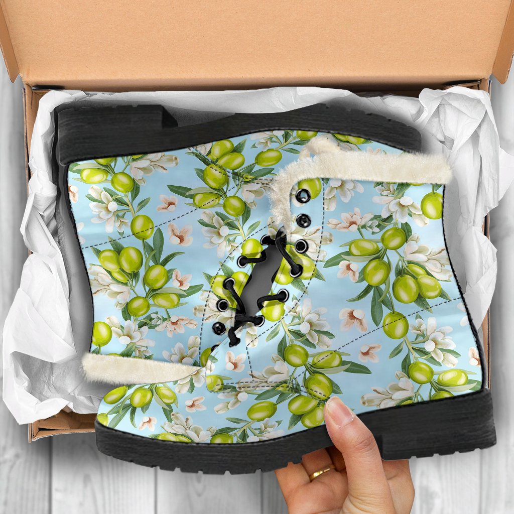 Elegant Olive Floral Print Faux Fur Leather Boots-JTAMIGO.COM