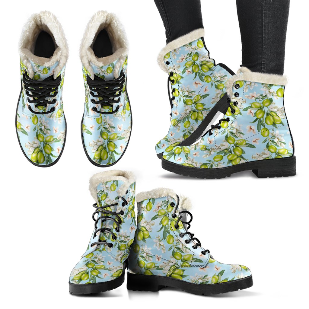Elegant Olive Floral Print Faux Fur Leather Boots-JTAMIGO.COM