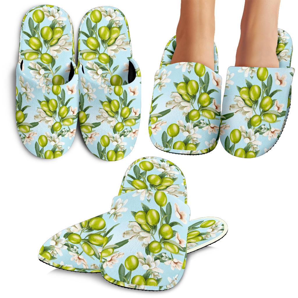 Elegant Olive Floral Print House Slippers