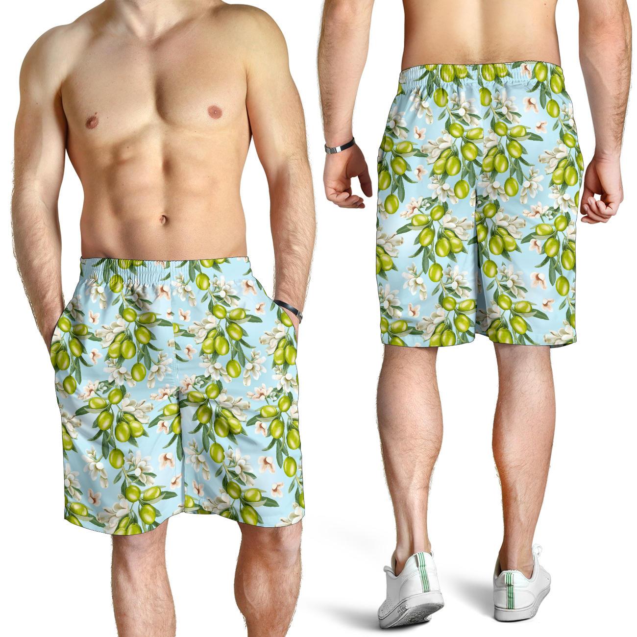 Elegant Olive Floral Print Mens Shorts-JTAMIGO.COM