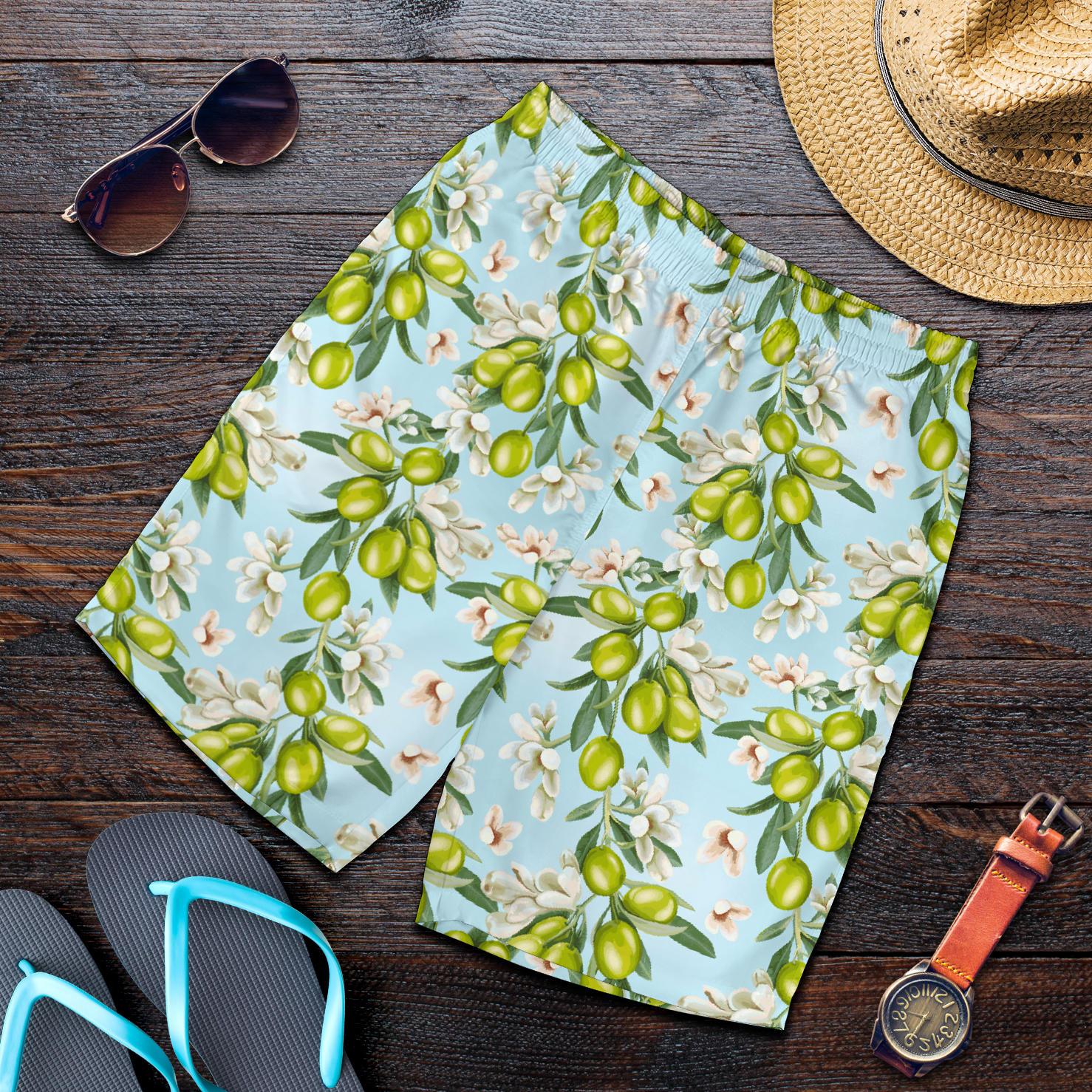 Elegant Olive Floral Print Mens Shorts-JTAMIGO.COM