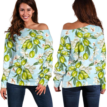 Elegant Olive Floral Print Off Shoulder Sweatshirt