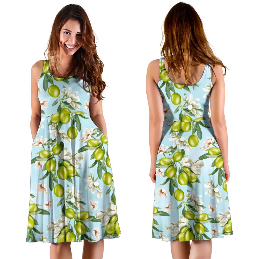 Elegant Olive Floral Print Sleeveless Dress