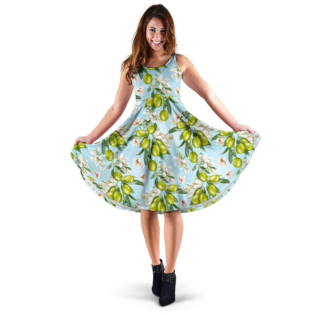 Elegant Olive Floral Print Sleeveless Dress