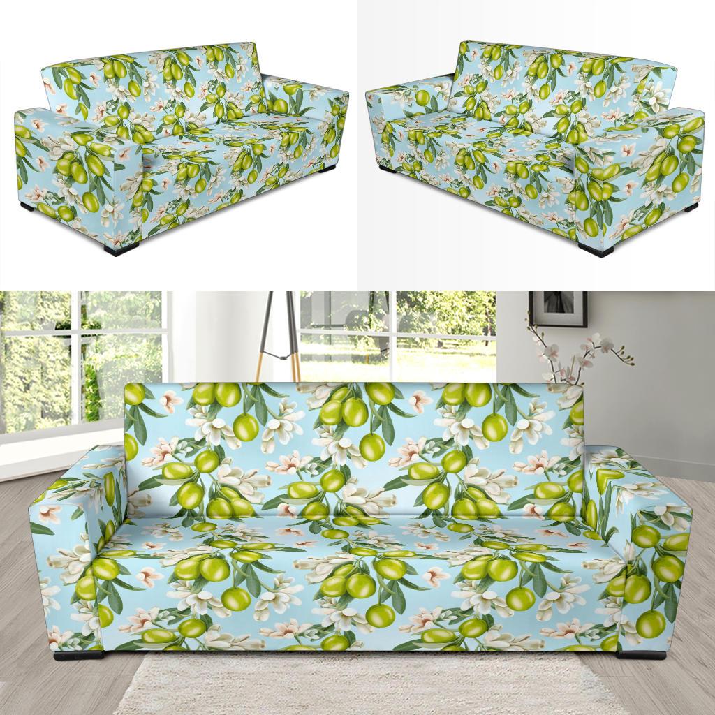Elegant Olive Floral Print Sofa Slipcover-JTAMIGO.COM