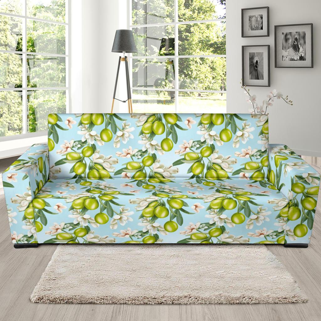 Elegant Olive Floral Print Sofa Slipcover-JTAMIGO.COM