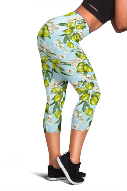 Elegant Olive Floral Print Women Capris
