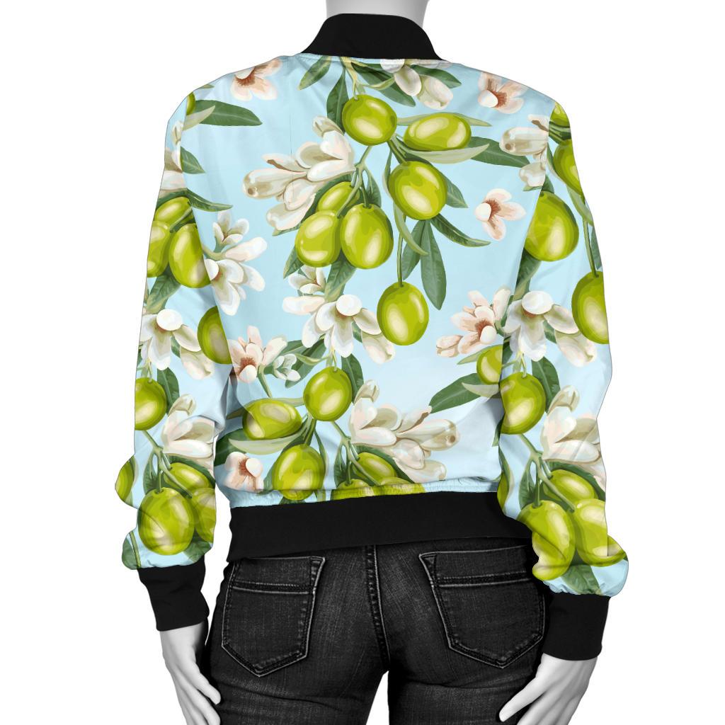 Elegant Olive Floral Print Women Casual Bomber Jacket