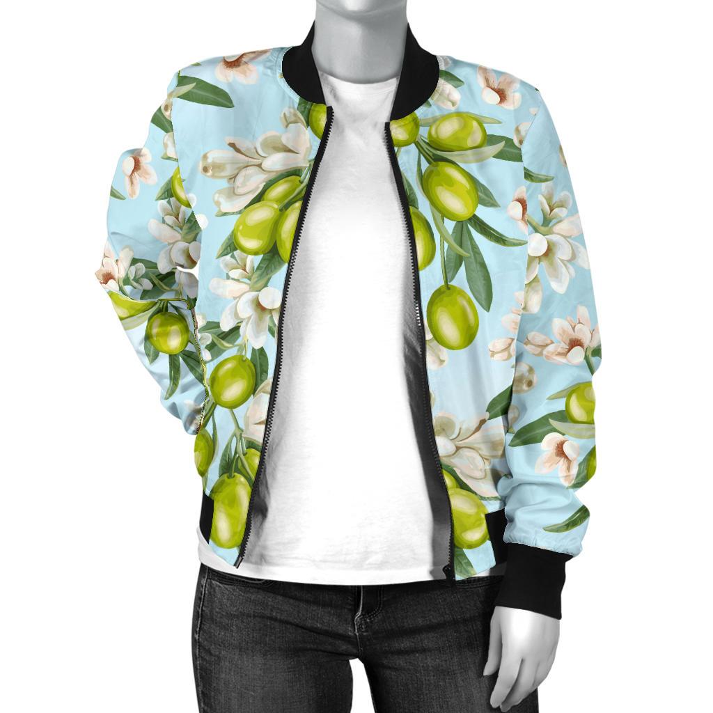 Elegant Olive Floral Print Women Casual Bomber Jacket