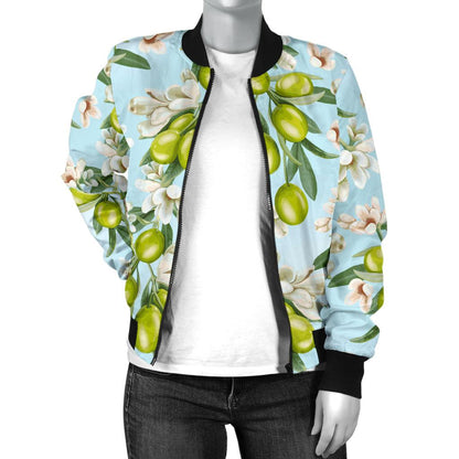 Elegant Olive Floral Print Women Casual Bomber Jacket
