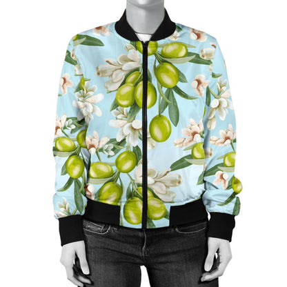 Elegant Olive Floral Print Women Casual Bomber Jacket
