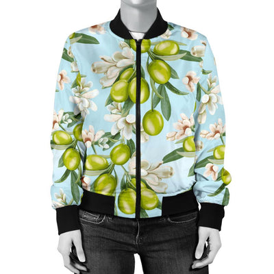 Elegant Olive Floral Print Women Casual Bomber Jacket