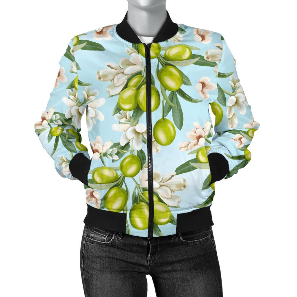 Elegant Olive Floral Print Women Casual Bomber Jacket