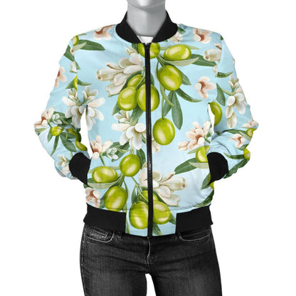 Elegant Olive Floral Print Women Casual Bomber Jacket