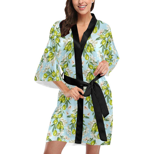 Elegant Olive Floral Print Women Short Kimono Robe