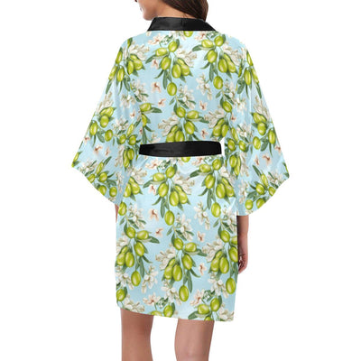 Elegant Olive Floral Print Women Short Kimono Robe