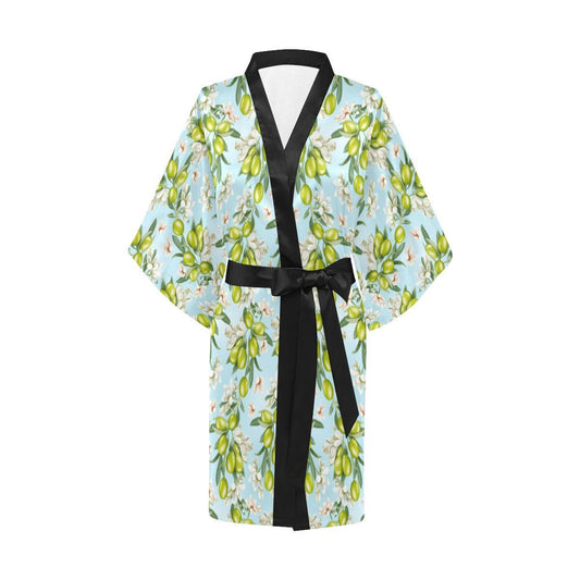 Elegant Olive Floral Print Women Short Kimono Robe
