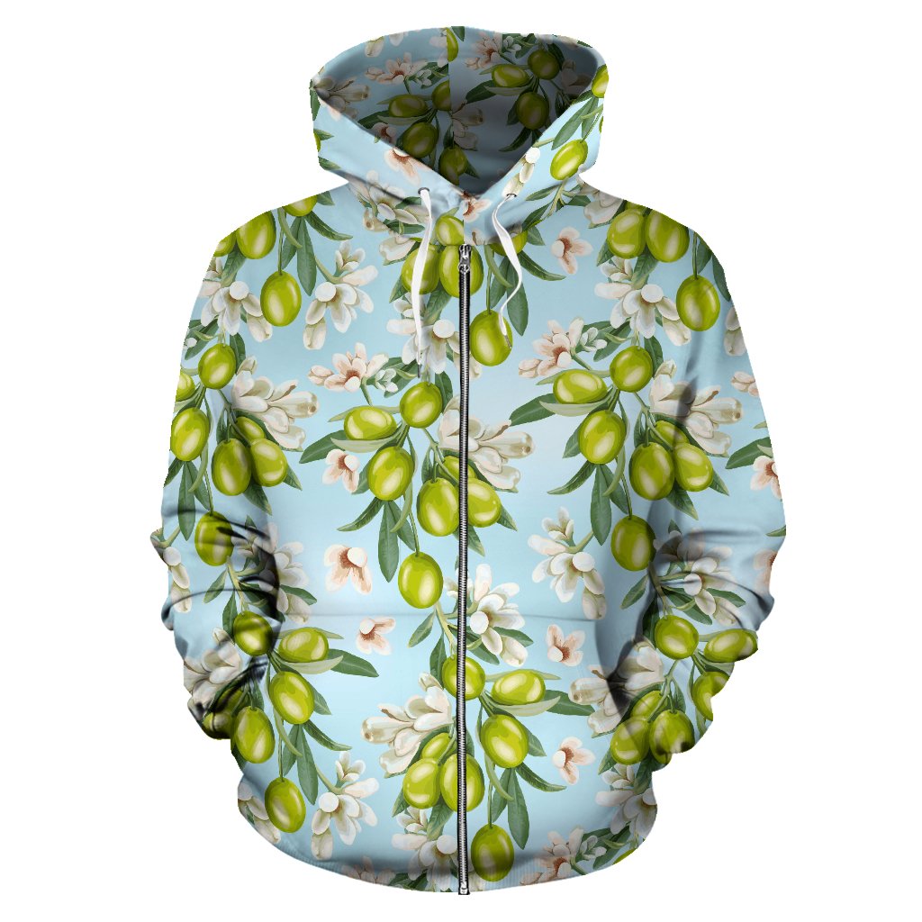 Elegant Olive Floral Print Zip Up Hoodie