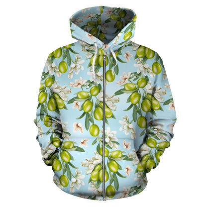 Elegant Olive Floral Print Zip Up Hoodie