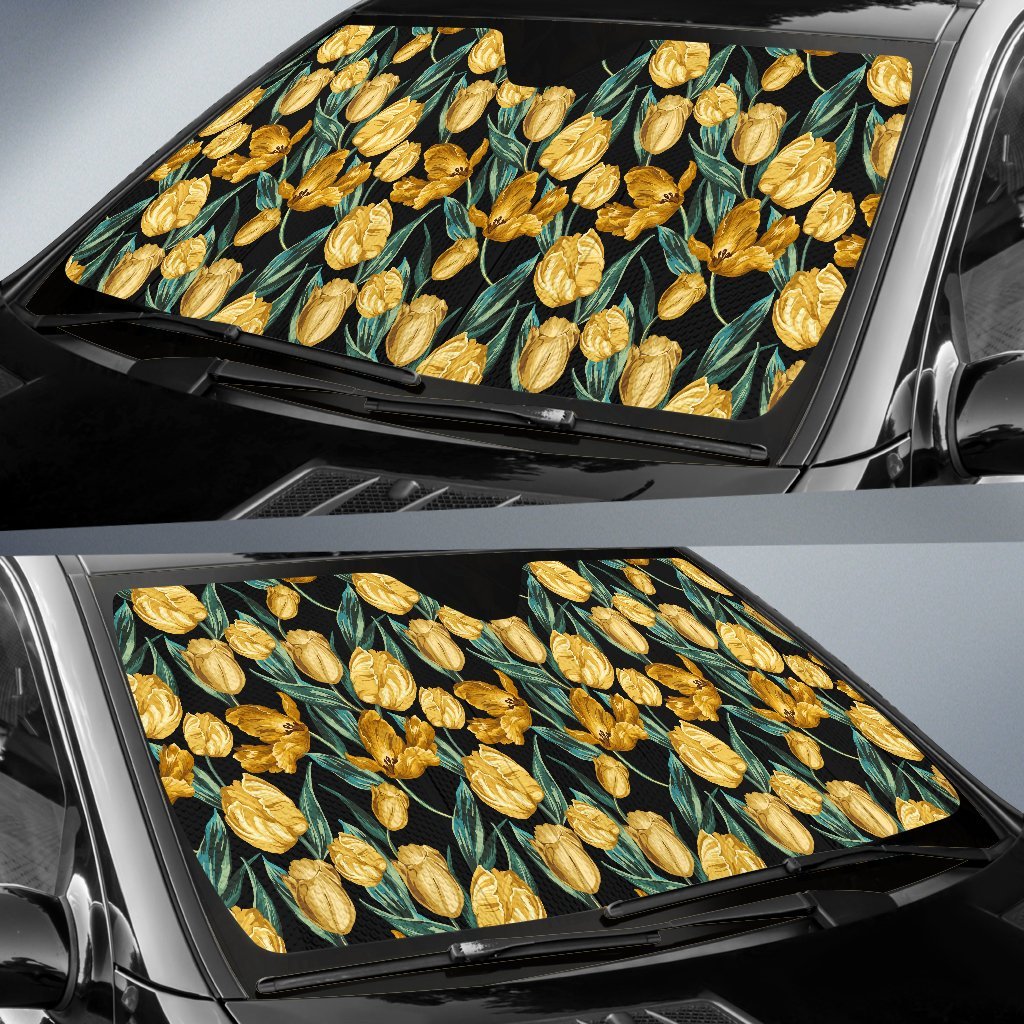 Elegant Yellow Tulip Print Car Sun Shade For Windshield