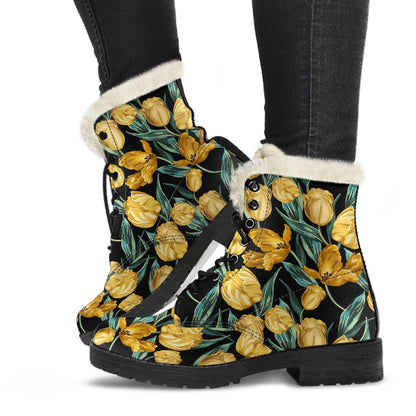 Elegant Yellow Tulip Print Faux Fur Leather Boots-JTAMIGO.COM