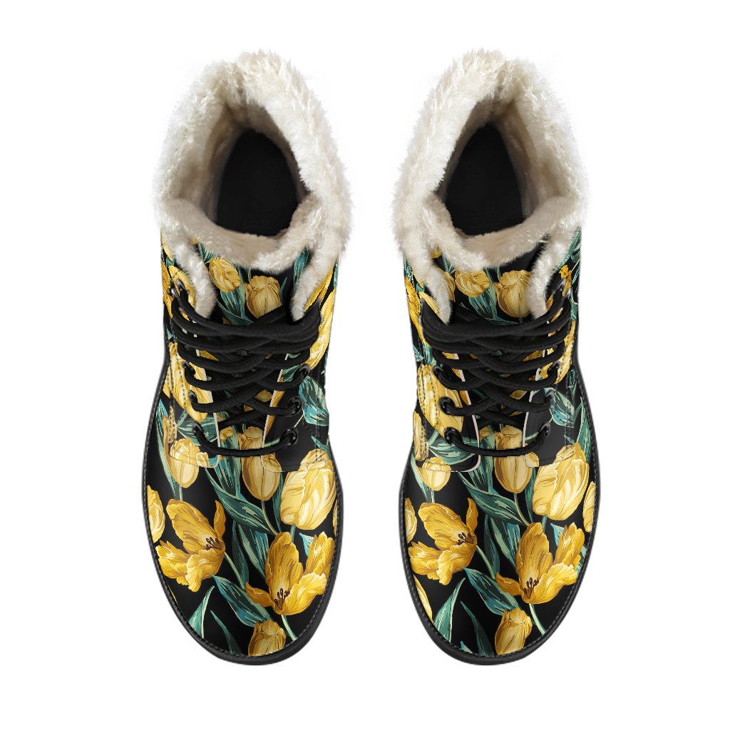 Elegant Yellow Tulip Print Faux Fur Leather Boots-JTAMIGO.COM