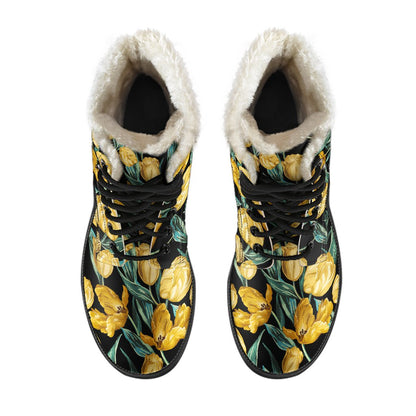 Elegant Yellow Tulip Print Faux Fur Leather Boots-JTAMIGO.COM