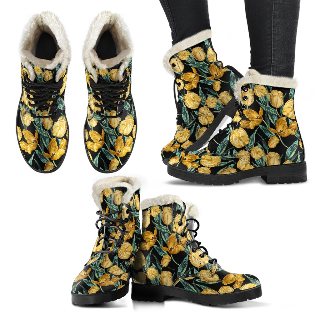 Elegant Yellow Tulip Print Faux Fur Leather Boots-JTAMIGO.COM