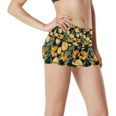 Elegant Yellow Tulip Print High Waisted Spandex Shorts-JTAMIGO.COM